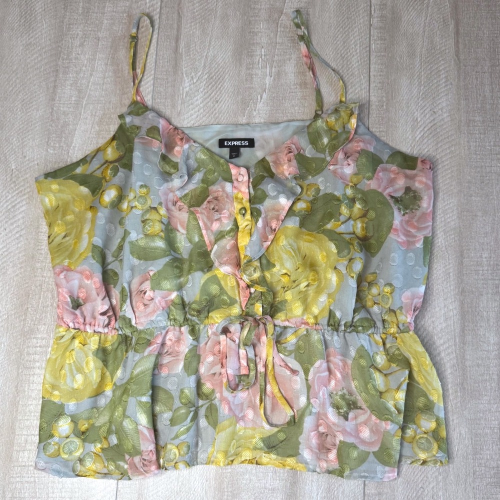 Express Floral Clip Dot Cami Top XL Yellow Pink Ruffle Tie Waist Sleeveless 901